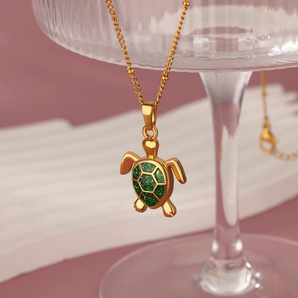 Collier Tortue verte, bijou en acier inoxydable doré
