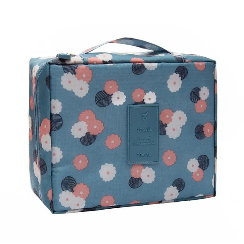 Trousse de maquillage de voyage, bleue, à motif fleuri