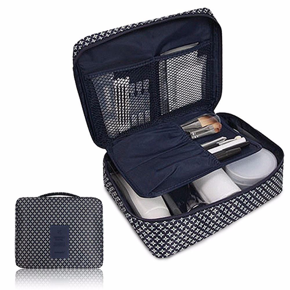 Trousse de maquillage, trousse de toilette de voyage, bleu marine et blanc