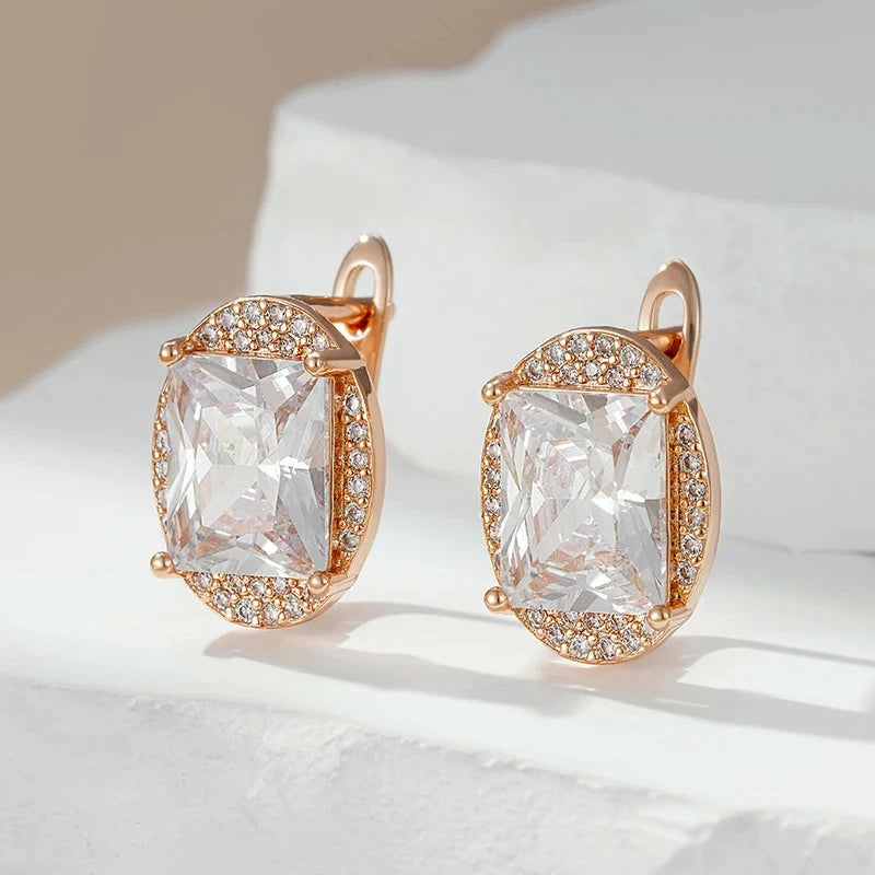 Boucles d'oreilles pierre de cristal et zircons, bijou en plaqué or rose 585 (14 carats) et en zircons naturels