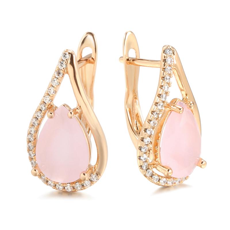 Boucles d'oreilles goutte en zircon rose, bijou en plaqué or rose 585 (14 carats) et en zircons naturels