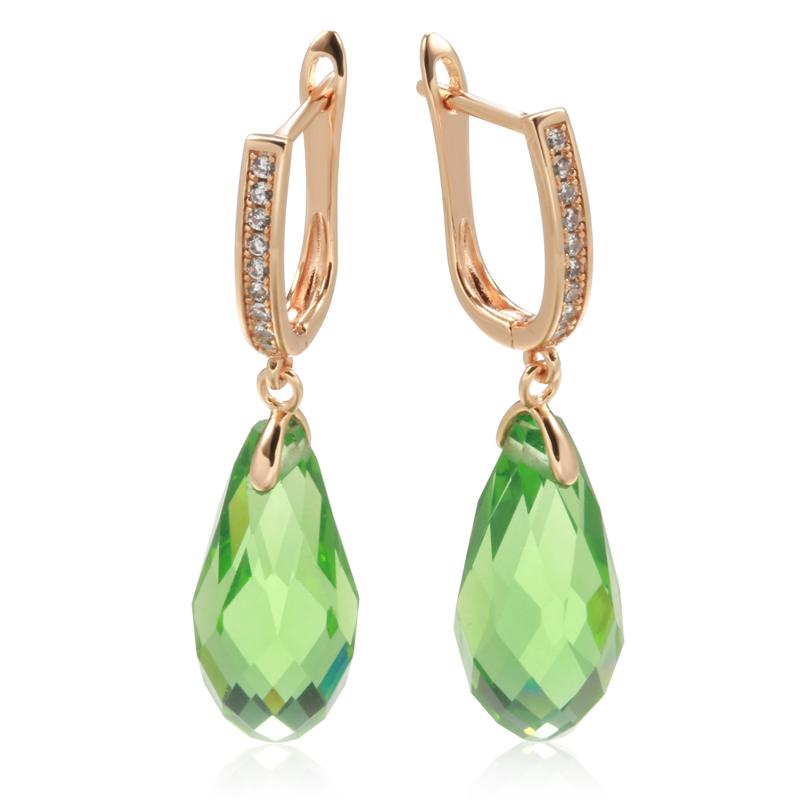 Boucles d'oreilles pierre de cristal vert clair, bijou en plaqué or rose 585 (14 carats) et en zircons naturels