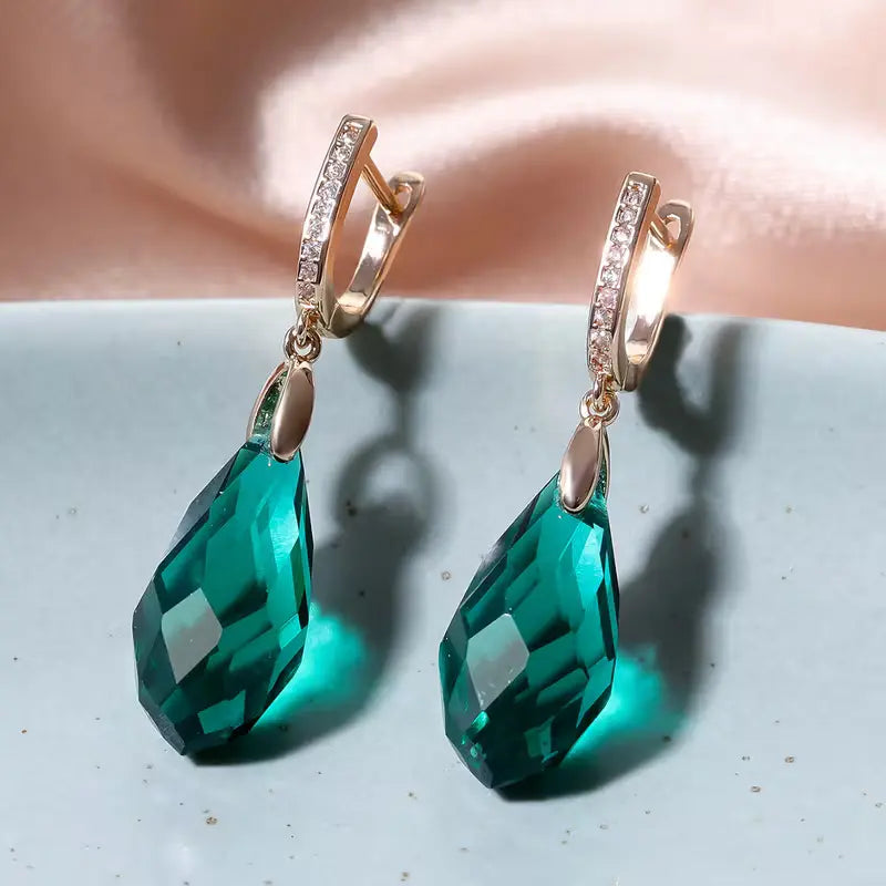 Boucles d'oreilles en pierre de cristal vert foncé, bijou en plaqué or rose, en cristal et en zircons naturels