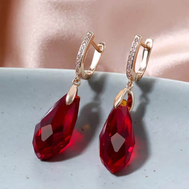 Boucles d'oreilles en pierre de cristal rouge, bijou en plaqué or rose, en cristal et en zircons naturels