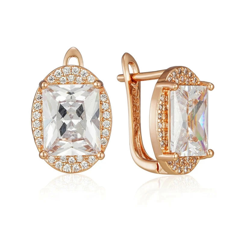 Boucles d'oreilles pierre de cristal et zircons, bijou en plaqué or rose 585 (14 carats) et en zircons naturels