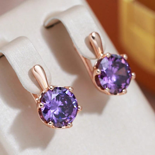 Boucles d'oreilles zircons mauves facettés, bijou en plaqué or rose 585 (14 carats) et en zircons naturels
