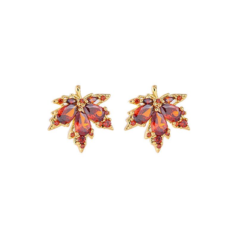 Boucles d'oreilles feuilles d'érable en zircons marrons, bijou en plaqué or 585 (14 carats) et en zircons naturels