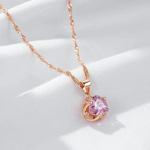 Collier zircon facetté rose, bijou en plaqué or rose 585 (14 carats) et en zircon naturel
