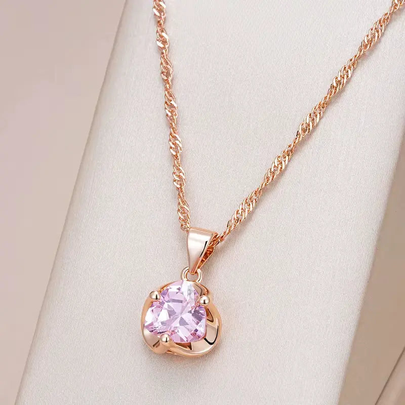 Collier zircon facetté rose, bijou en plaqué or rose 585 (14 carats) et en zircon naturel