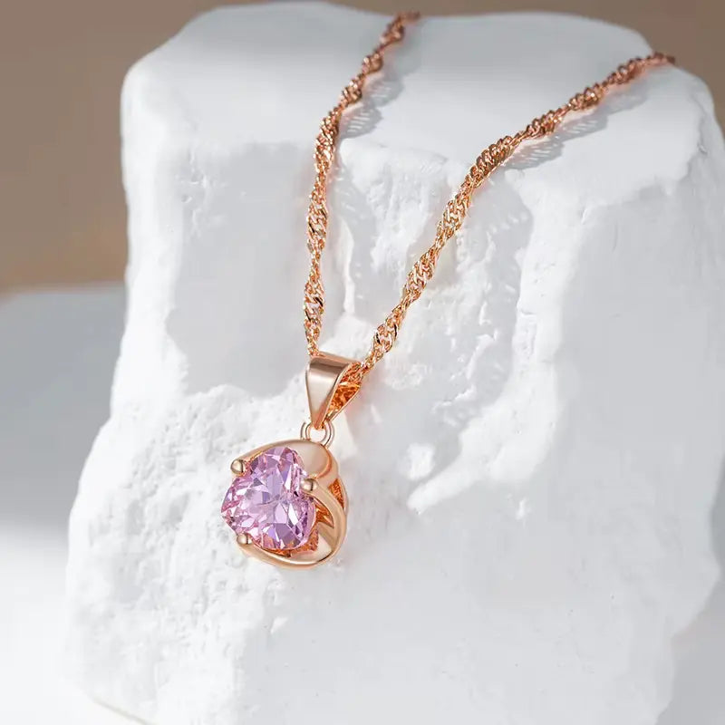 Collier zircon facetté rose, bijou en plaqué or rose 585 (14 carats) et en zircon naturel