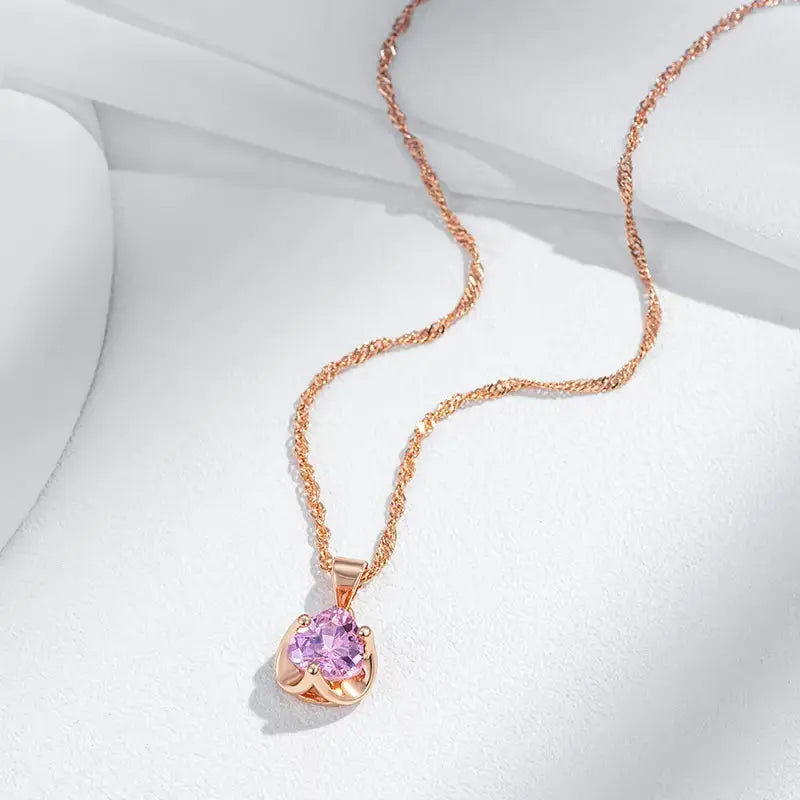Collier zircon facetté rose, bijou en plaqué or rose 585 (14 carats) et en zircon naturel
