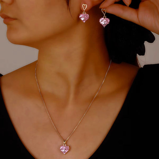 Parure de bijoux coeurs en zircons, bijoux en plaqué or 585 (14 carats) et en zircons