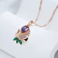 Collier fleur zircons verts et mauves, bijou en plaqué or rose 585 (14 carats) et en zircons naturels