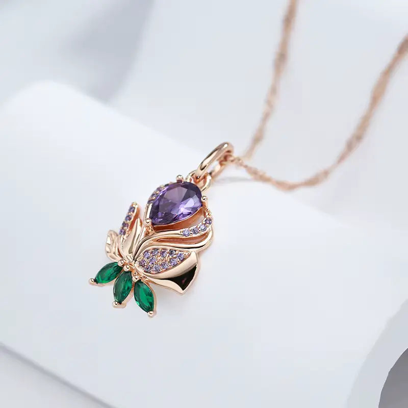 Collier fleur zircons verts et mauves, bijou en plaqué or rose 585 (14 carats) et en zircons naturels