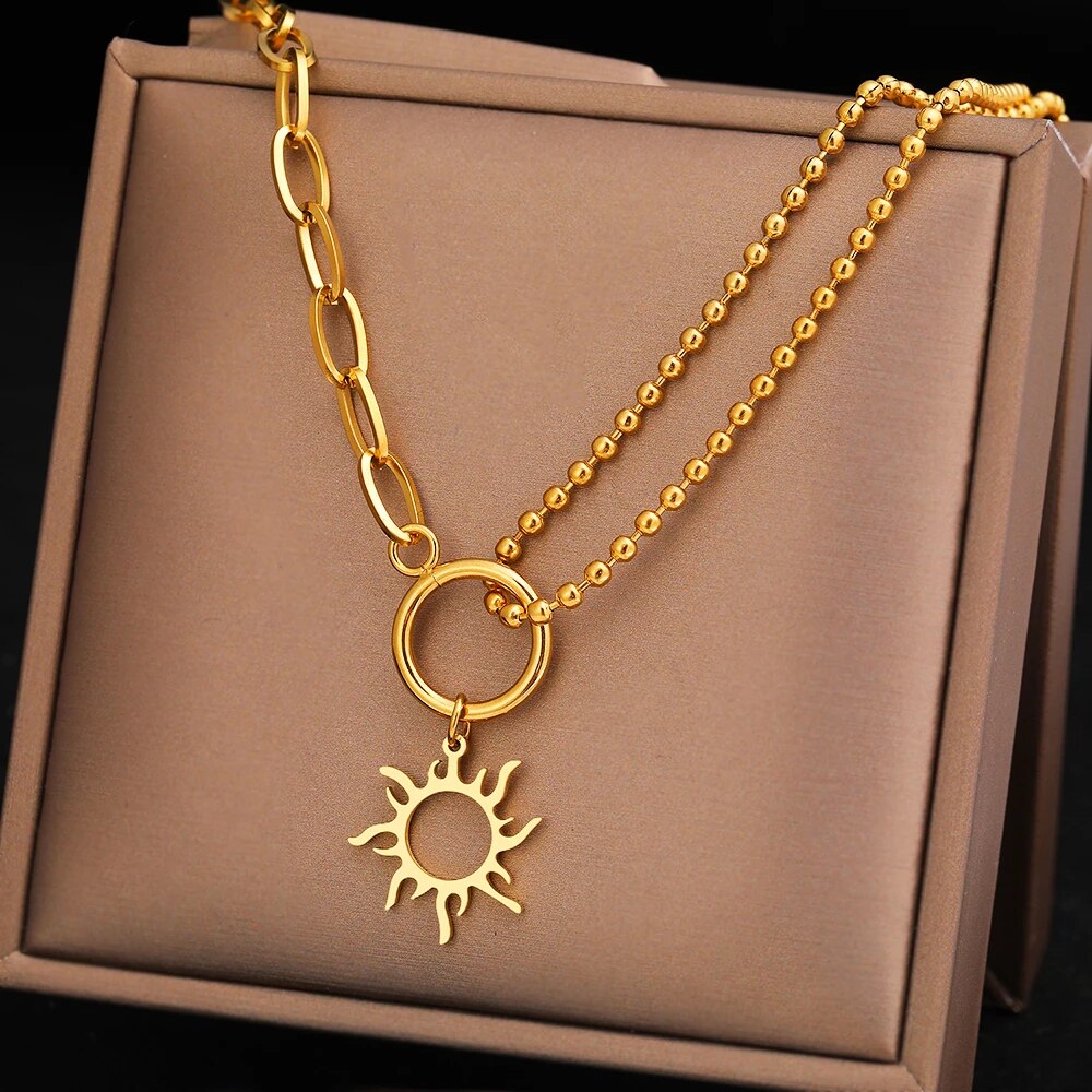 Collier Soleil, bijou en acier inoxydable doré