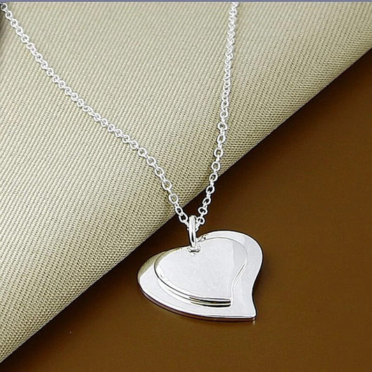 Collier pendentif Double Coeur, bijou en plaqué argent, chaîne maille forçat