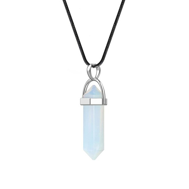 Collier pendentif en pierre naturelle opale blanche, avec chaîne en cuir tressé