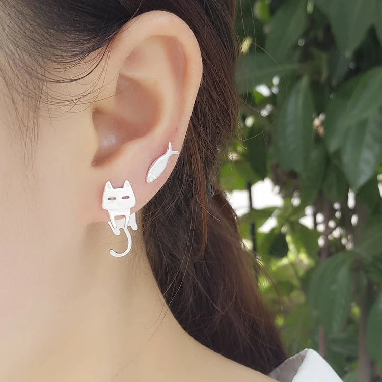 boucles d'oreilles chat et poisson