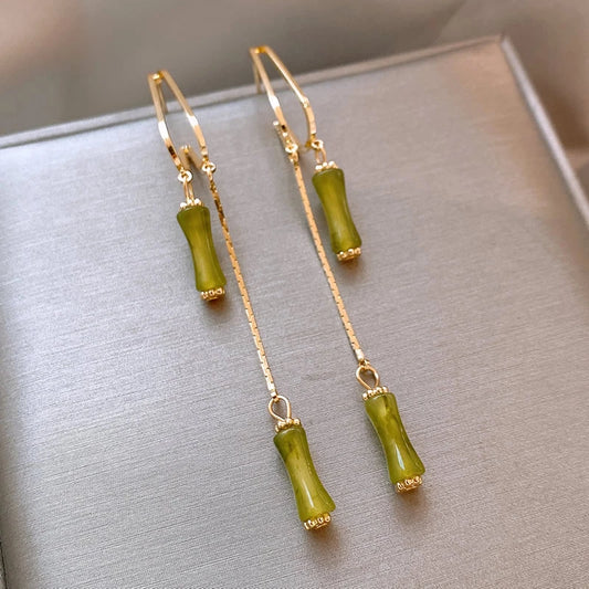 Boucles d'oreilles à pampilles en bambou vert, bijou en plaqué or