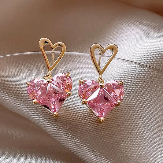 Boucles d'oreilles Coeurs avec zircons roses, bijou en plaqué or
