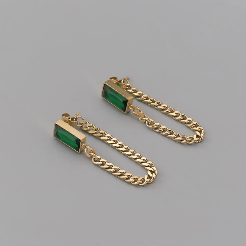 boucles d'oreilles avec chaînes et cristaux vert émeraude