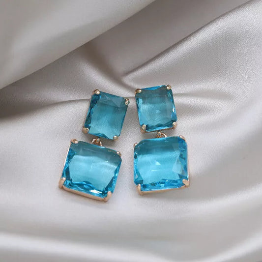 Boucles d'oreilles pierres de cristal bleu, bijou en plaqué or