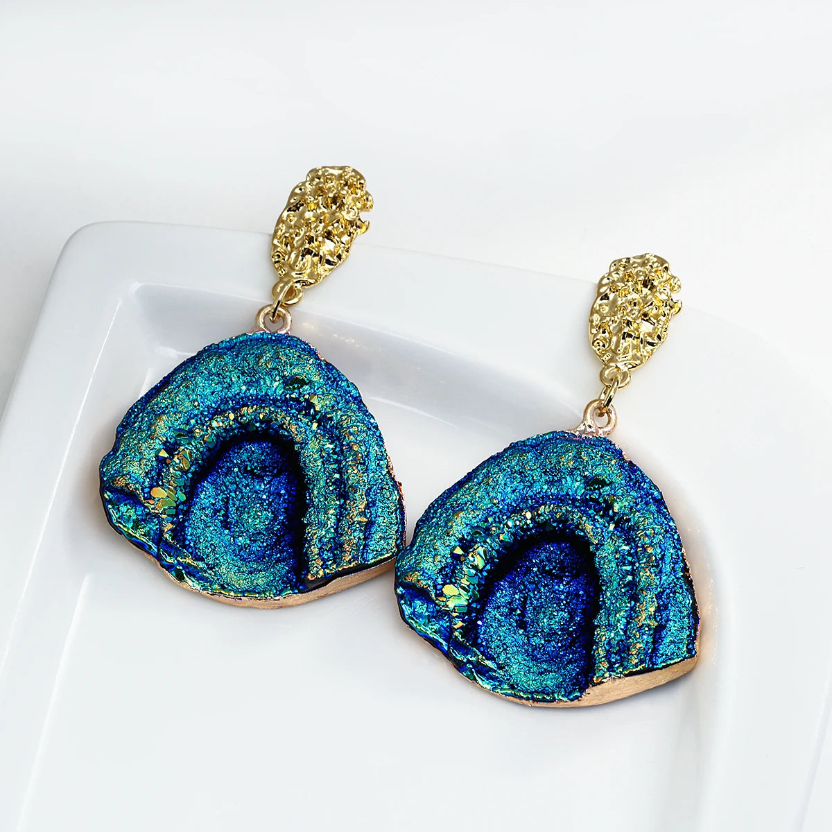 Boucles d'oreilles Pierre bleue, bijou en plaqué or et en pierre naturelle