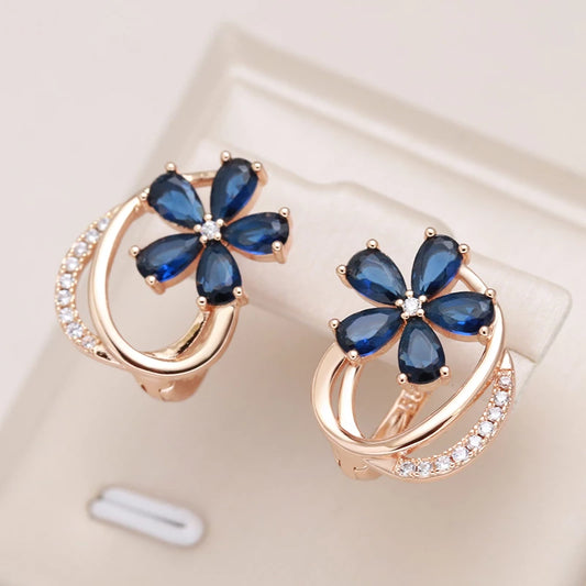 Boucles d'oreilles Fleur Zircons bleus, bijou en plaqué or rose
