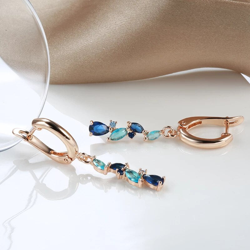 Boucles d'oreilles Zircons bleus, bijoux en plaqué or rose