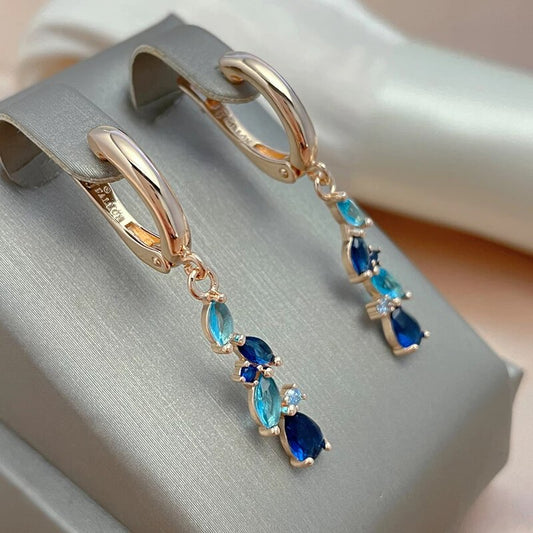 Boucles d'oreilles Zircons bleus, bijoux en plaqué or rose