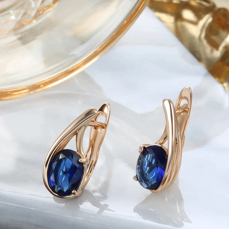 Boucles d'oreilles Zircons bleus, bijou en plaqué or rose