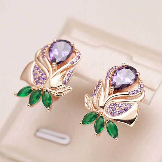 boucles d'oreilles avec zircons mauves et verts