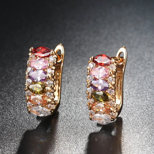 Boucles d'oreilles Zircons multicolores, bijou en plaqué or rose