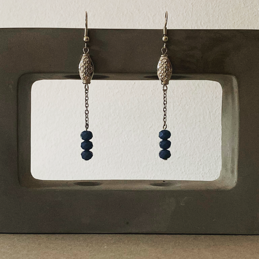 Boucles d'oreilles pendantes perles à facettes bleu-gris, bijou en acier inoxydable