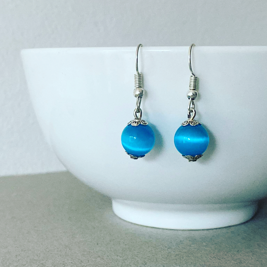 Blue cat's eye beads earrings, stainless steel jewelry