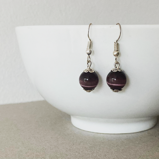 Dark purple cat's eye beads earrings, stainless steel jewelry