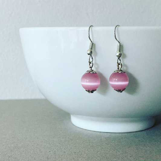 Pink cat's eye beads earrings, stainless steel jewelry