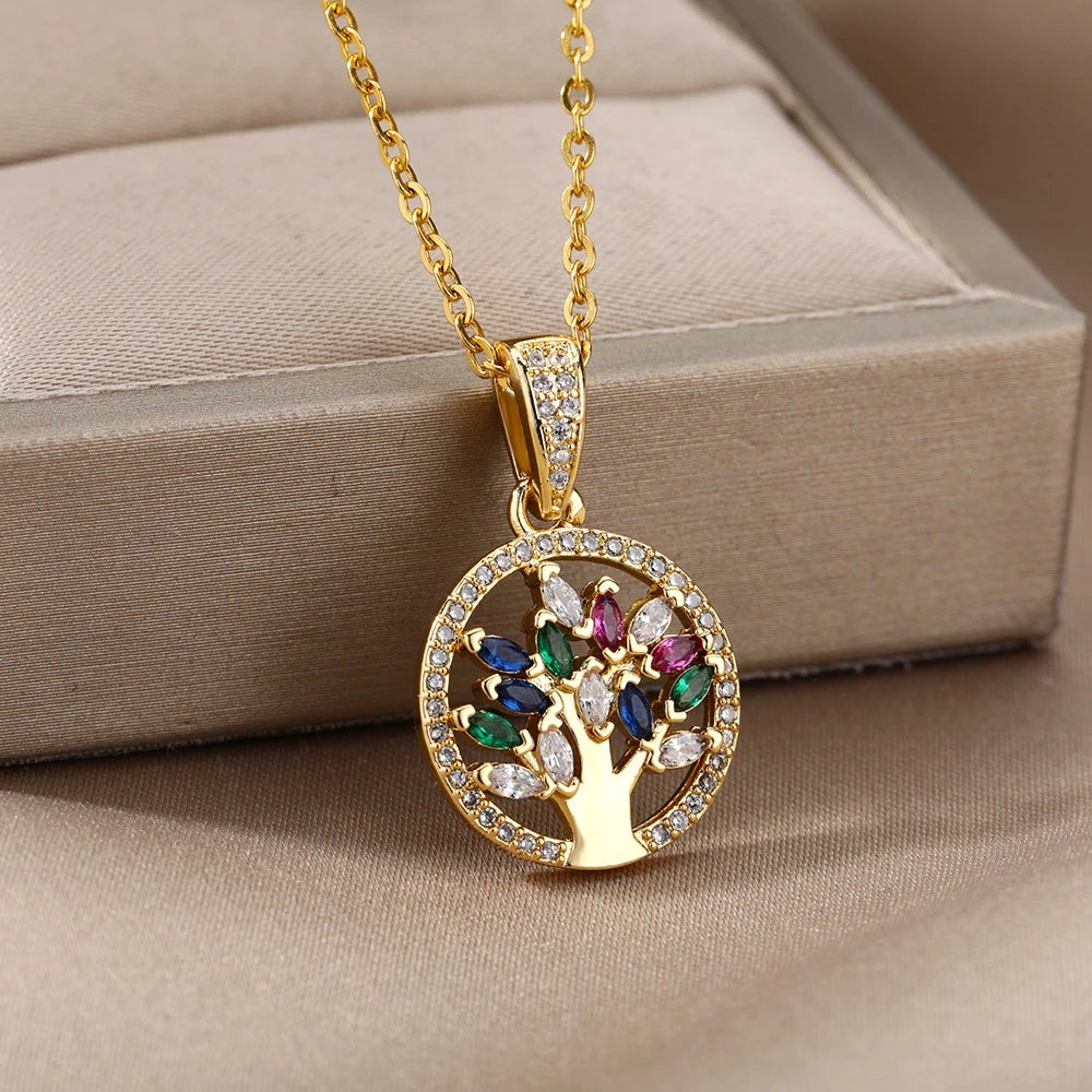Collier Arbre de vie multicolore, bijou en acier inoxydable doré