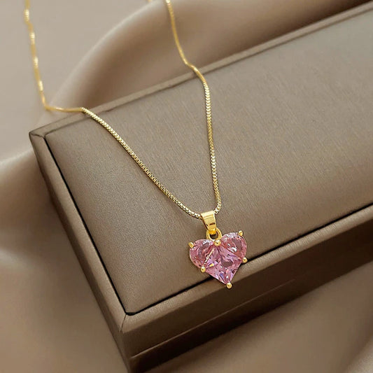 Collier Coeur avec zircon rose, bijou en plaqué or