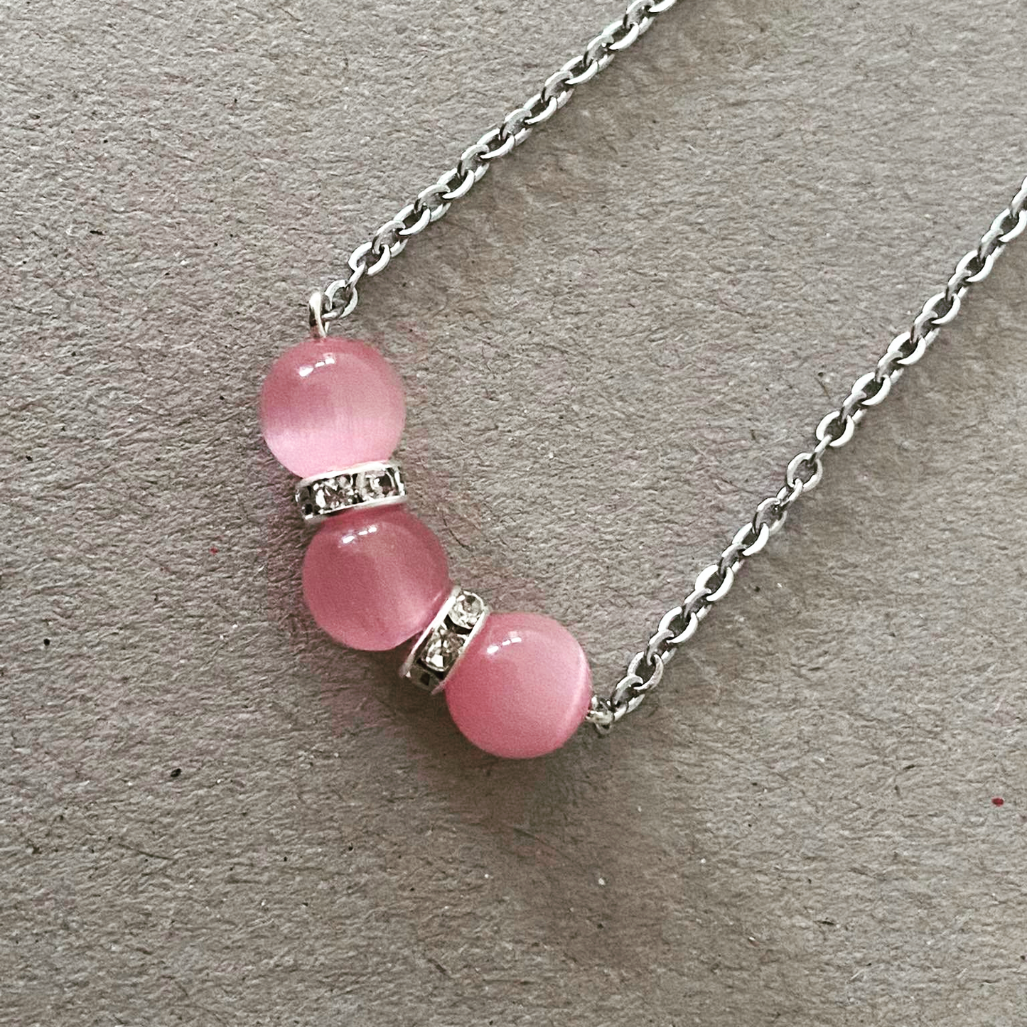 Pink cat's eye bead necklace, stainless steel jewelry