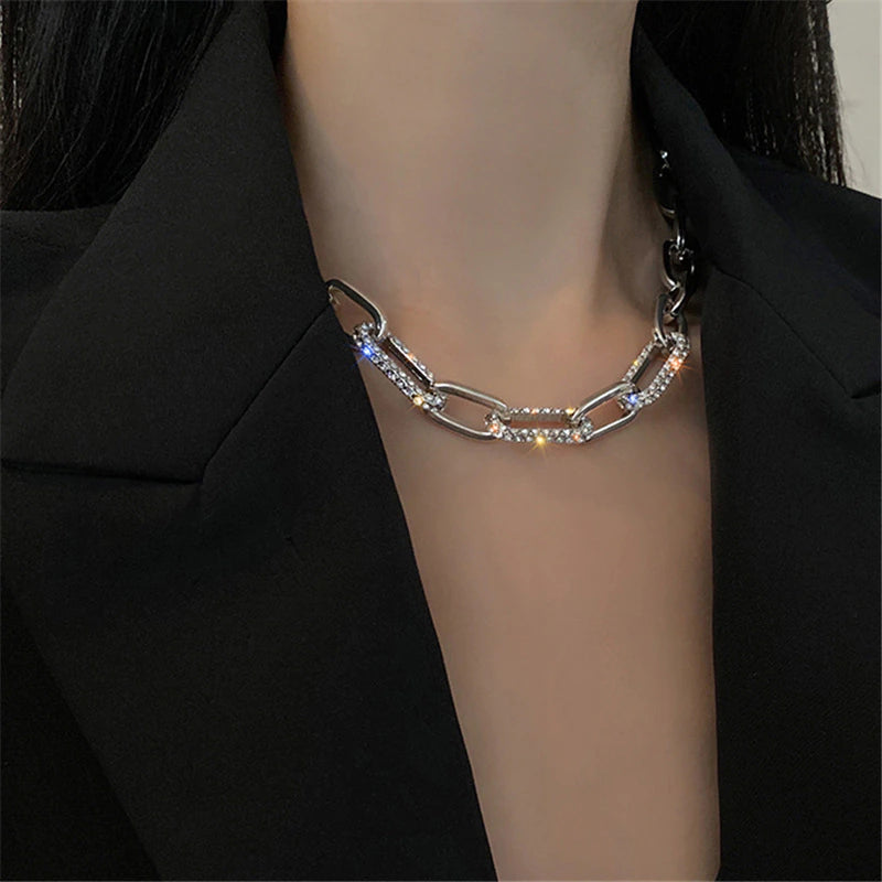 Collier ras-du-cou Maillons XL avec Zircons, bijou en acier inoxydable argenté