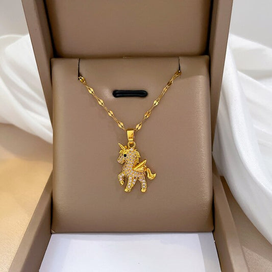 Collier Licorne avec chaîne maille grain de café, bijou en acier inoxydable doré