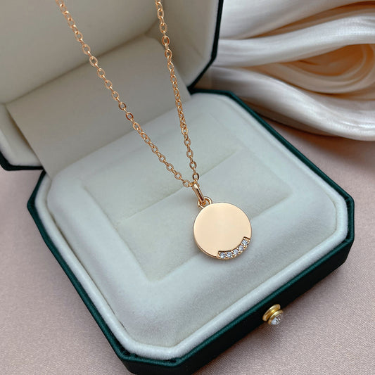 Collier pendentif rond à zircons, bijou en plaqué or rose