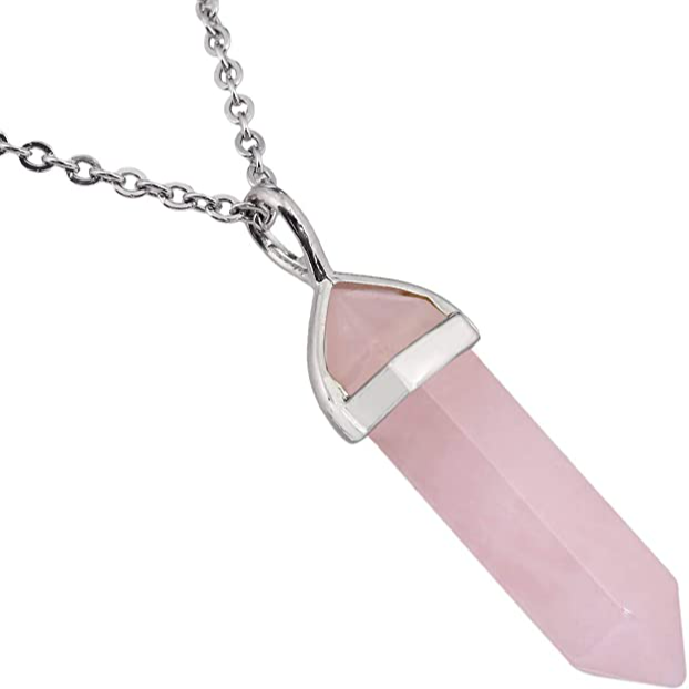 Collier pendentif Quartz rose, bijou chakra en acier inoxydable