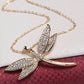Collier pendentif Libellule, bijou en acier inoxydable doré et zircons naturels