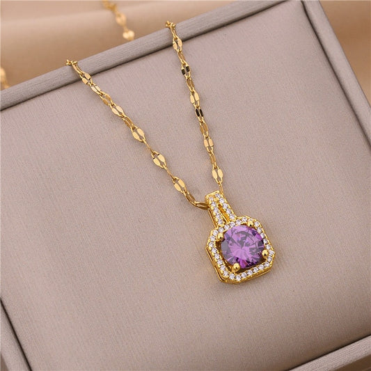 Collier Zircon mauve, bijou en acier inoxydable doré