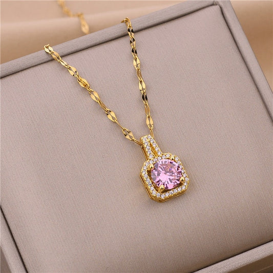 Collier Zircon rose, bijou en acier inoxydable doré