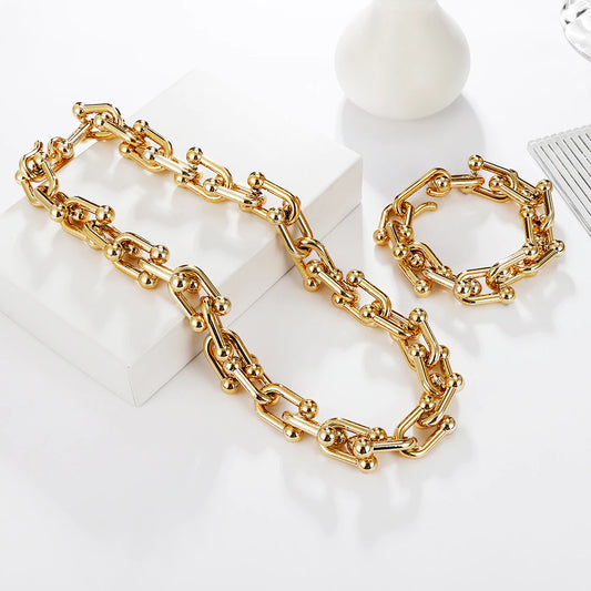 Parure de bijoux Collier + Bracelet Maillons en U, bijoux en acier inoxydable doré
