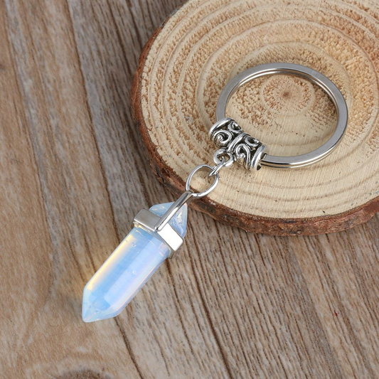 Porte-clés en acier inoxydable avec pendentif chakra en pierre naturelle Opale blanche