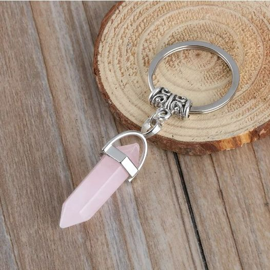 Porte-clés en acier inoxydable avec pendentif chakra en pierre naturelle Cristal rose